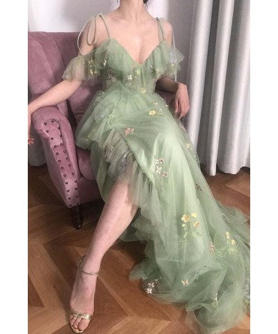 Spaghetti Strap Flower Embroidery Tulle Prom Dresses V Neck Ruffles Formal Evening Gown with Slit for Women Dusty Rose $32.90...