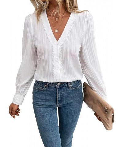 Women's Solid Lace Button Down Shirt V Neck Puff Long Sleeve Blouse Top White $15.65 Blouses