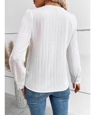 Women's Solid Lace Button Down Shirt V Neck Puff Long Sleeve Blouse Top White $15.65 Blouses