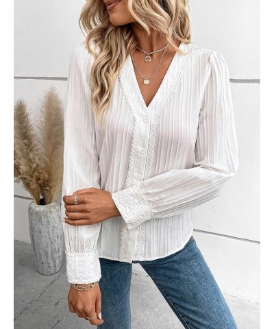 Women's Solid Lace Button Down Shirt V Neck Puff Long Sleeve Blouse Top White $15.65 Blouses