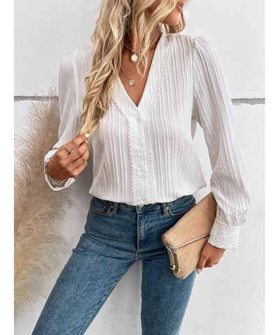 Women's Solid Lace Button Down Shirt V Neck Puff Long Sleeve Blouse Top White $15.65 Blouses