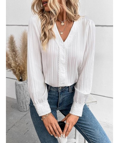 Women's Solid Lace Button Down Shirt V Neck Puff Long Sleeve Blouse Top White $15.65 Blouses