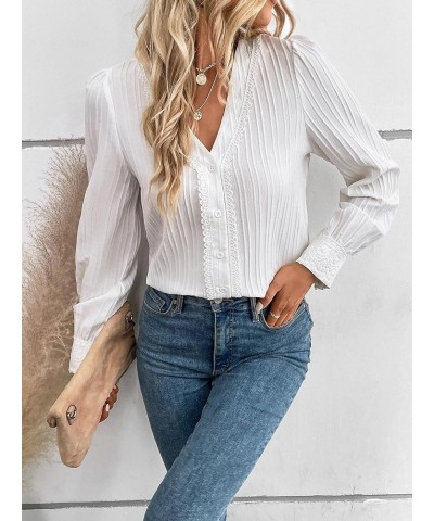 Women's Solid Lace Button Down Shirt V Neck Puff Long Sleeve Blouse Top White $15.65 Blouses