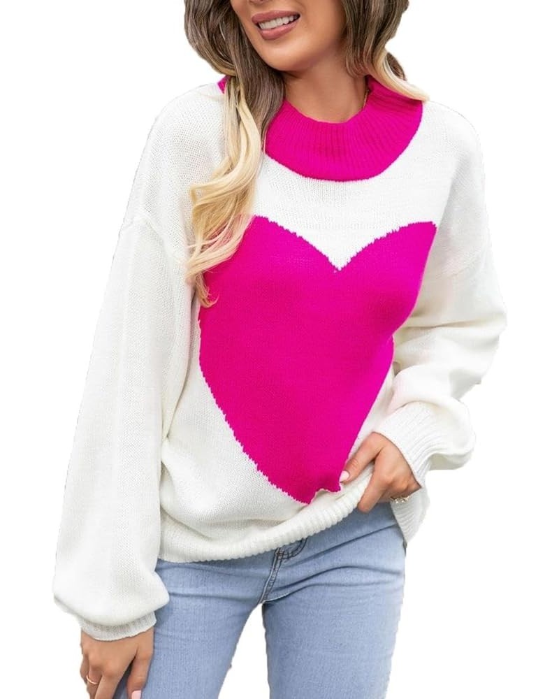 Women's Cute Aesthetic Heart Cream Sweaters Trendy Fall Pullover Crewneck Long Sleeve Soft Knitted Sweater Top One Heart Rosy...