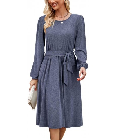 Women's 2024 Fall Winter Long Sleeve Dress Casual Work Tie Elastic Waist Belted Midi Dress with Pockets Navy Blue $26.31 Dresses