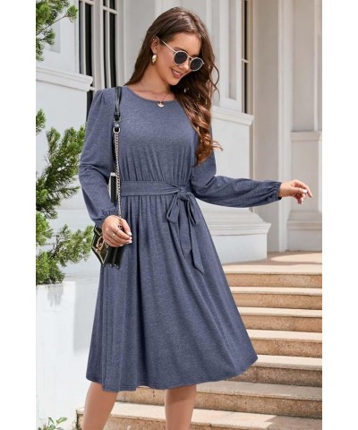 Women's 2024 Fall Winter Long Sleeve Dress Casual Work Tie Elastic Waist Belted Midi Dress with Pockets Navy Blue $26.31 Dresses