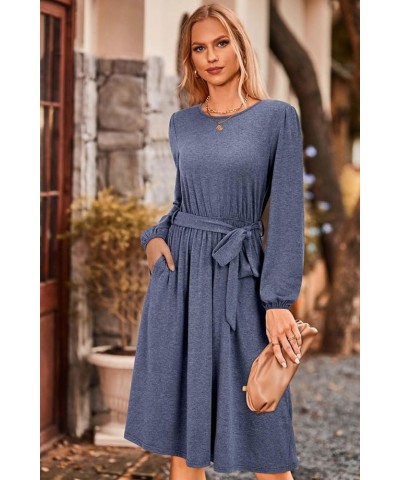 Women's 2024 Fall Winter Long Sleeve Dress Casual Work Tie Elastic Waist Belted Midi Dress with Pockets Navy Blue $26.31 Dresses