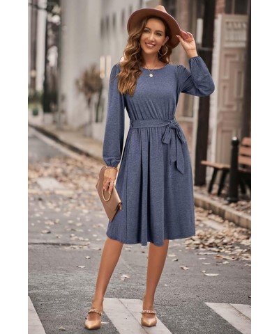 Women's 2024 Fall Winter Long Sleeve Dress Casual Work Tie Elastic Waist Belted Midi Dress with Pockets Navy Blue $26.31 Dresses