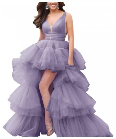 Women's High-Low V Neck Tulle Prom Dresses Long Layered Puffy Formal Evening Party Gowns with Train Lavender $46.79 Dresses