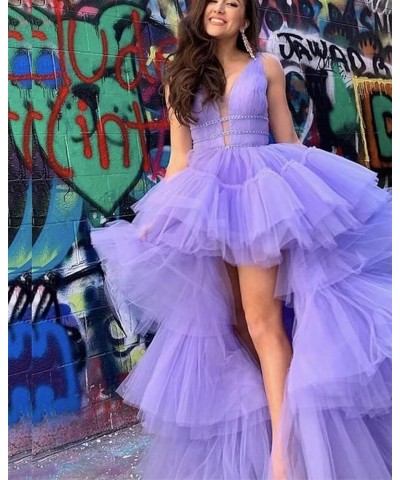 Women's High-Low V Neck Tulle Prom Dresses Long Layered Puffy Formal Evening Party Gowns with Train Lavender $46.79 Dresses