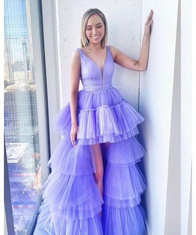 Women's High-Low V Neck Tulle Prom Dresses Long Layered Puffy Formal Evening Party Gowns with Train Lavender $46.79 Dresses