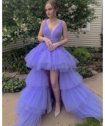 Women's High-Low V Neck Tulle Prom Dresses Long Layered Puffy Formal Evening Party Gowns with Train Lavender $46.79 Dresses