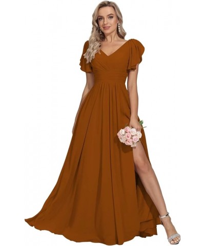 V Neck Bridesmaid Dresses with Flutter Sleeves High Slit Long Formal Wedding Guest Dresses for Women with Pockets Burnt Orang...