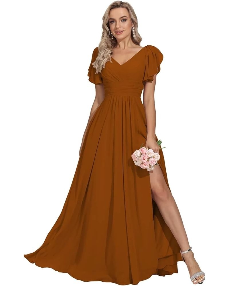 V Neck Bridesmaid Dresses with Flutter Sleeves High Slit Long Formal Wedding Guest Dresses for Women with Pockets Burnt Orang...