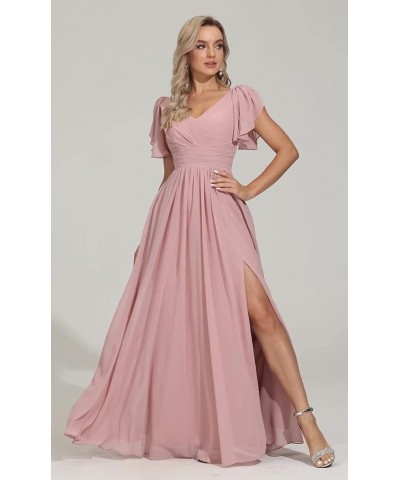 V Neck Bridesmaid Dresses with Flutter Sleeves High Slit Long Formal Wedding Guest Dresses for Women with Pockets Burnt Orang...