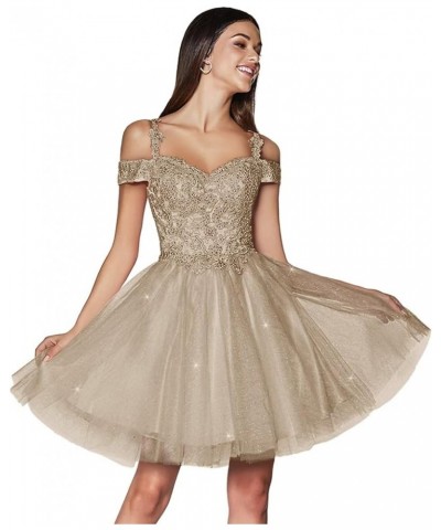 Tulle Cold Shoulder Homecoming Dresses Sparkly Lace Appliques Sweetheart Short Cocktail Party Prom Dresses Khaki $37.69 Dresses