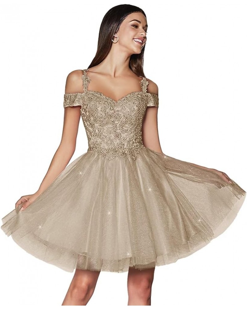 Tulle Cold Shoulder Homecoming Dresses Sparkly Lace Appliques Sweetheart Short Cocktail Party Prom Dresses Khaki $37.69 Dresses