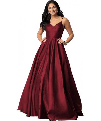 Women's Spaghetti Straps Satin Prom Dresses with Pockets V Neck Pleated Formal Evening Ball Gowns Burgundy $43.99 Dresses