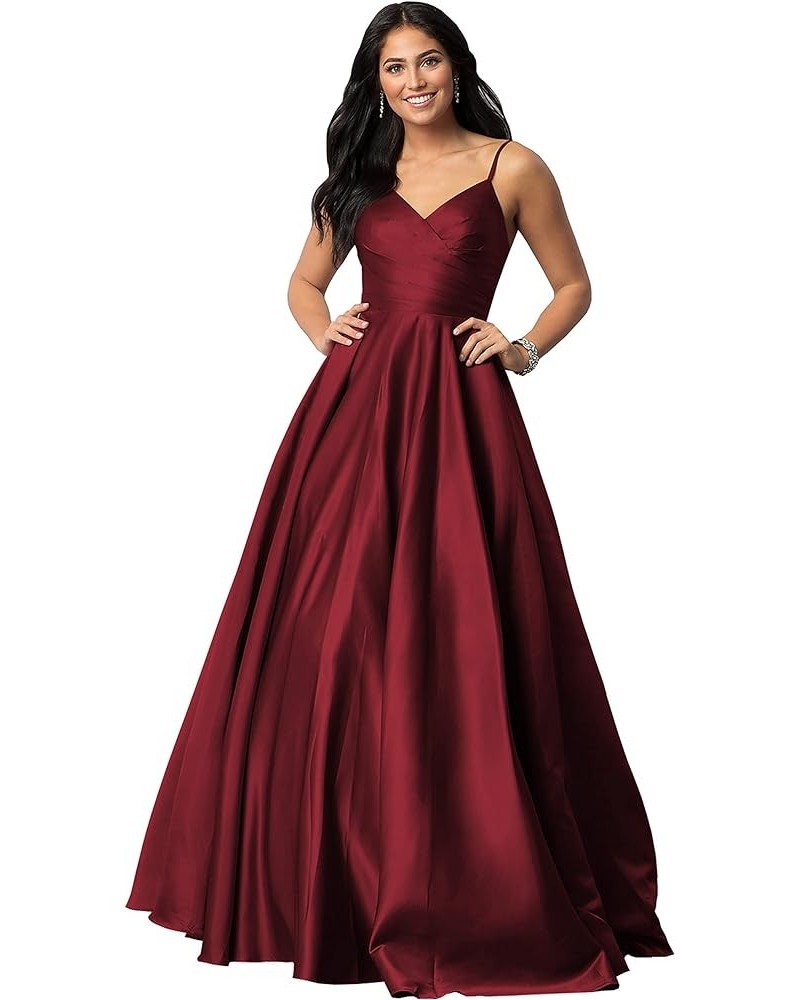 Women's Spaghetti Straps Satin Prom Dresses with Pockets V Neck Pleated Formal Evening Ball Gowns Burgundy $43.99 Dresses