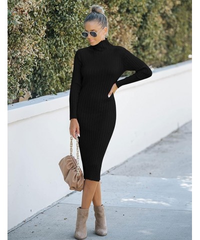 Women's Ribbed Long Sleeve Sweater Dress High Neck Slim Fit Knitted Midi Dress Black $21.00 Dresses