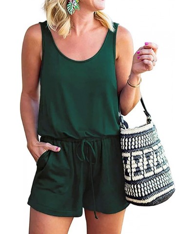 Women's 2024 Casual Summer Sleeveless Jumpsuits Crewneck Tie Waist Tank Top Short Romper Pajama with Pockets Dark Green $14.7...