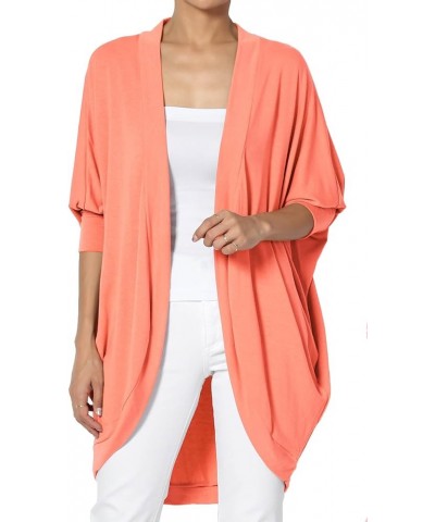 Women's Cocoon Draped Jersey Knit 3/4 Sleeve Oversized Open Front Cardigan Coral $13.16 Sweaters