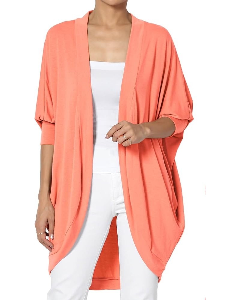 Women's Cocoon Draped Jersey Knit 3/4 Sleeve Oversized Open Front Cardigan Coral $13.16 Sweaters