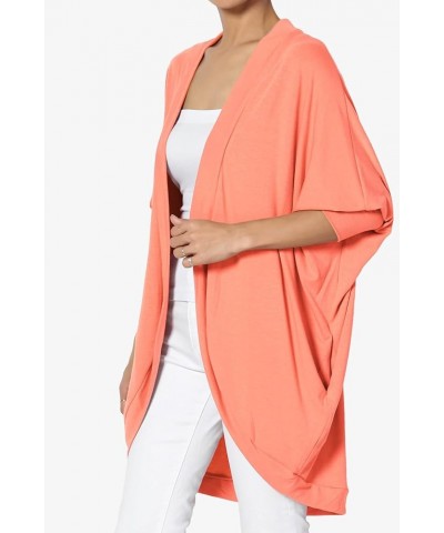 Women's Cocoon Draped Jersey Knit 3/4 Sleeve Oversized Open Front Cardigan Coral $13.16 Sweaters