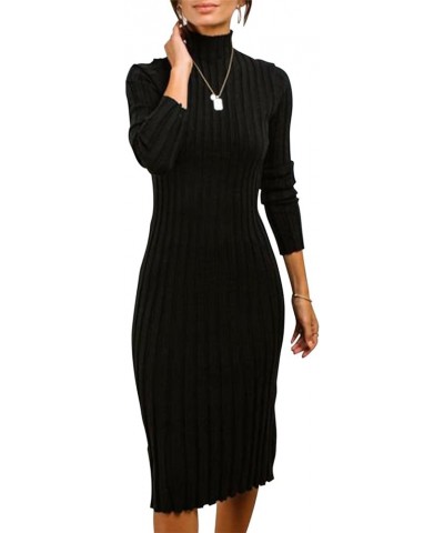 Women's Ribbed Long Sleeve Sweater Dress High Neck Slim Fit Knitted Midi Dress Black $21.00 Dresses