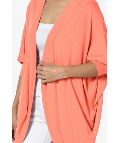 Women's Cocoon Draped Jersey Knit 3/4 Sleeve Oversized Open Front Cardigan Coral $13.16 Sweaters