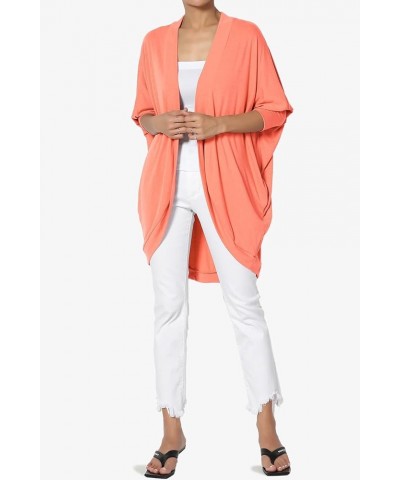 Women's Cocoon Draped Jersey Knit 3/4 Sleeve Oversized Open Front Cardigan Coral $13.16 Sweaters