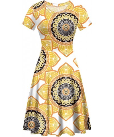 Floral Print Short Sleeve Flared Midi Dress A Line Cocktail Dresses for Women Evening Party Mandala Yellow $12.04 Dresses