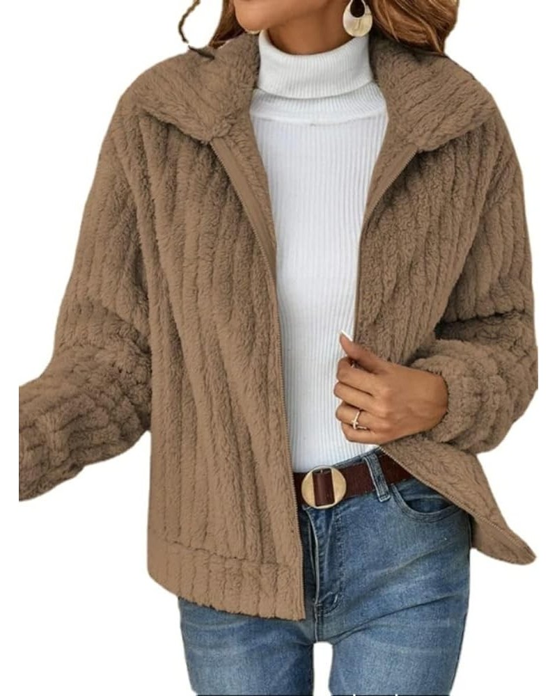 Ingredientp 2023 Fall Furry Cardigan Lapel Jacket Short Jacket Zipper Winter Warm Plush Fleece Casual Coat Top Khaki $15.90 C...