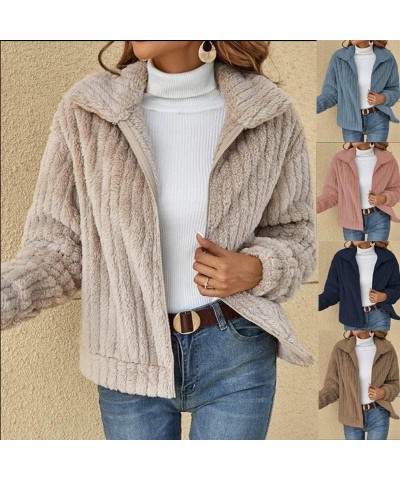 Ingredientp 2023 Fall Furry Cardigan Lapel Jacket Short Jacket Zipper Winter Warm Plush Fleece Casual Coat Top Khaki $15.90 C...