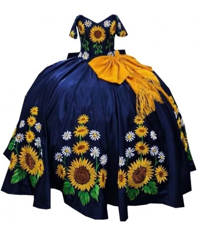 2024 Modern Sunflower Embroidered Ball Gown Prom Formal Dresses Quinceanera Off Shoulder Satin Sweet 16 Long Dress Navy Blue ...