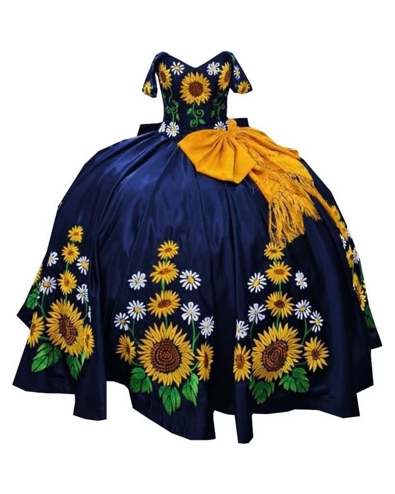 2024 Modern Sunflower Embroidered Ball Gown Prom Formal Dresses Quinceanera Off Shoulder Satin Sweet 16 Long Dress Navy Blue ...