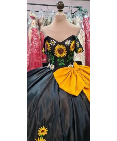 2024 Modern Sunflower Embroidered Ball Gown Prom Formal Dresses Quinceanera Off Shoulder Satin Sweet 16 Long Dress Navy Blue ...