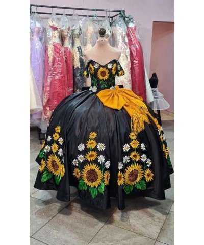 2024 Modern Sunflower Embroidered Ball Gown Prom Formal Dresses Quinceanera Off Shoulder Satin Sweet 16 Long Dress Navy Blue ...