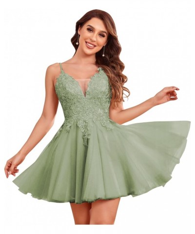 Sheer V Neck Homecoming Dresses Short for Teens Lace Appliques A-Line Sparkly Tulle Formal Cocktail Gown Sage Green $48.12 Dr...