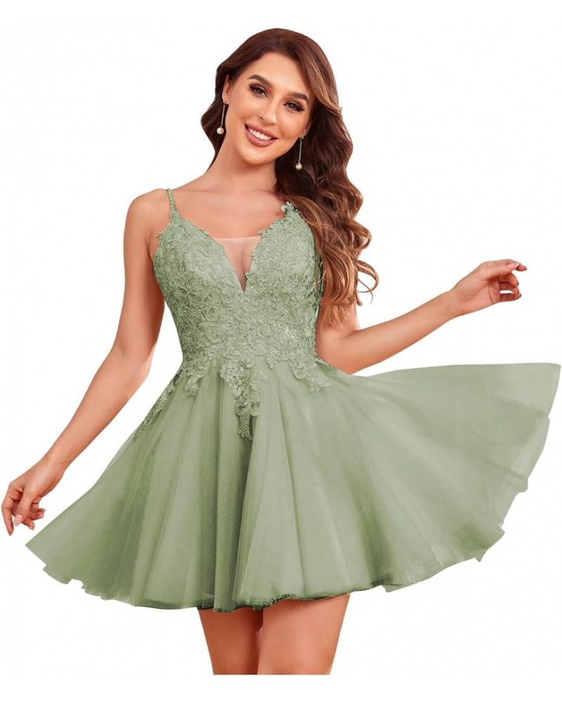 Sheer V Neck Homecoming Dresses Short for Teens Lace Appliques A-Line Sparkly Tulle Formal Cocktail Gown Sage Green $48.12 Dr...