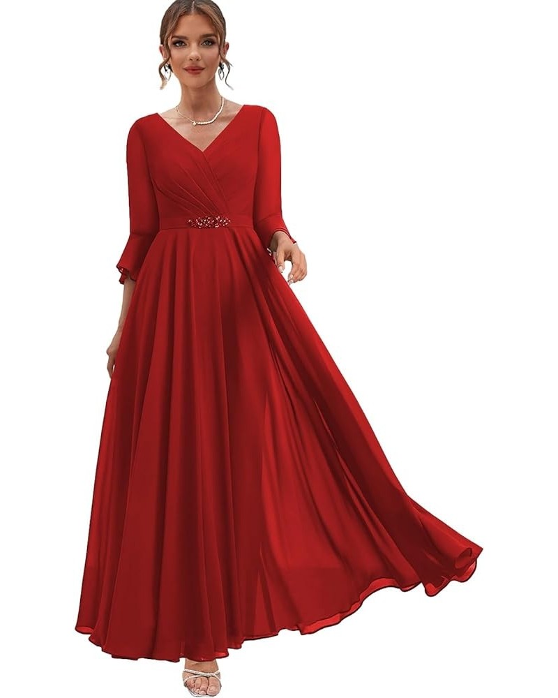 Women's Chiffon Mother of The Bride Dresses for Wedding V Neck Formal Dress Tea Length Evening Gown with Sleeves Red $38.24 D...