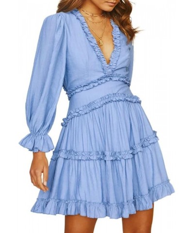 Womens 2024 Summer Spring Deep V Neck Ruffle Long Sleeve Open Back Flowy Mini Dress Solid Sky Blue $27.56 Dresses