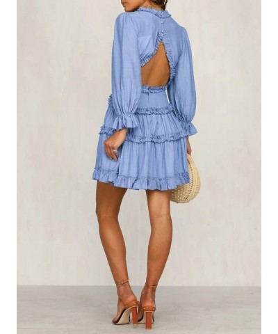 Womens 2024 Summer Spring Deep V Neck Ruffle Long Sleeve Open Back Flowy Mini Dress Solid Sky Blue $27.56 Dresses