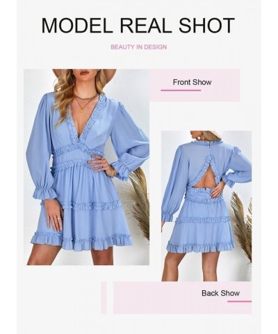 Womens 2024 Summer Spring Deep V Neck Ruffle Long Sleeve Open Back Flowy Mini Dress Solid Sky Blue $27.56 Dresses