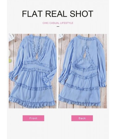 Womens 2024 Summer Spring Deep V Neck Ruffle Long Sleeve Open Back Flowy Mini Dress Solid Sky Blue $27.56 Dresses