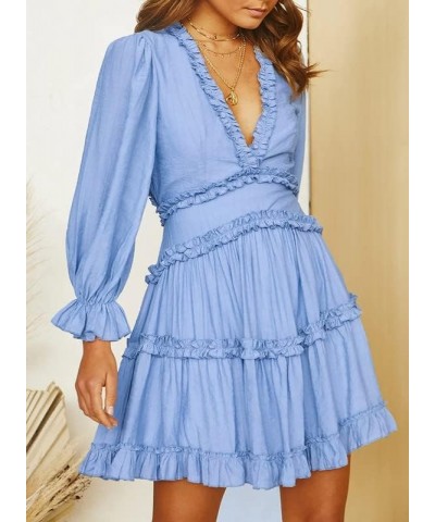 Womens 2024 Summer Spring Deep V Neck Ruffle Long Sleeve Open Back Flowy Mini Dress Solid Sky Blue $27.56 Dresses