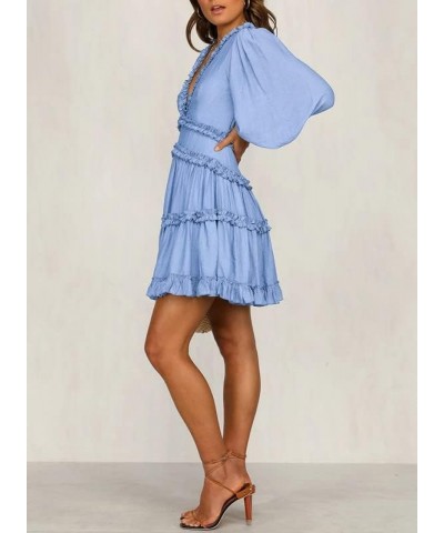 Womens 2024 Summer Spring Deep V Neck Ruffle Long Sleeve Open Back Flowy Mini Dress Solid Sky Blue $27.56 Dresses