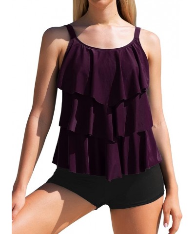 Women's Tankini Swimsuit Two Pieces Set Ruffle Swimwear Bathingsuit with Boyshort Burgundy $17.99 Swimsuits