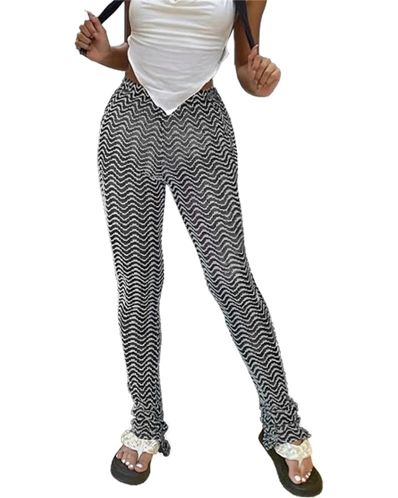 Stacked Pants for Women - High Waisted Knitted Splice Striped Sweatpants Club Streetwear Gray $20.64 Leggings