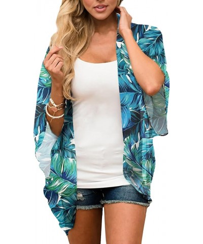 Womens Floral Chiffon Kimono Cardigans Loose Beach Cover Up Half Sleeve Tops 01o Leaf Green $11.73 Swimsuits